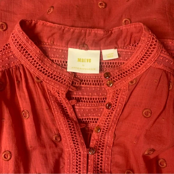 Maeve by Anthropology Coral Embroidered Voile Augusta Peasant Blouse Top Large - Picture 11 of 14